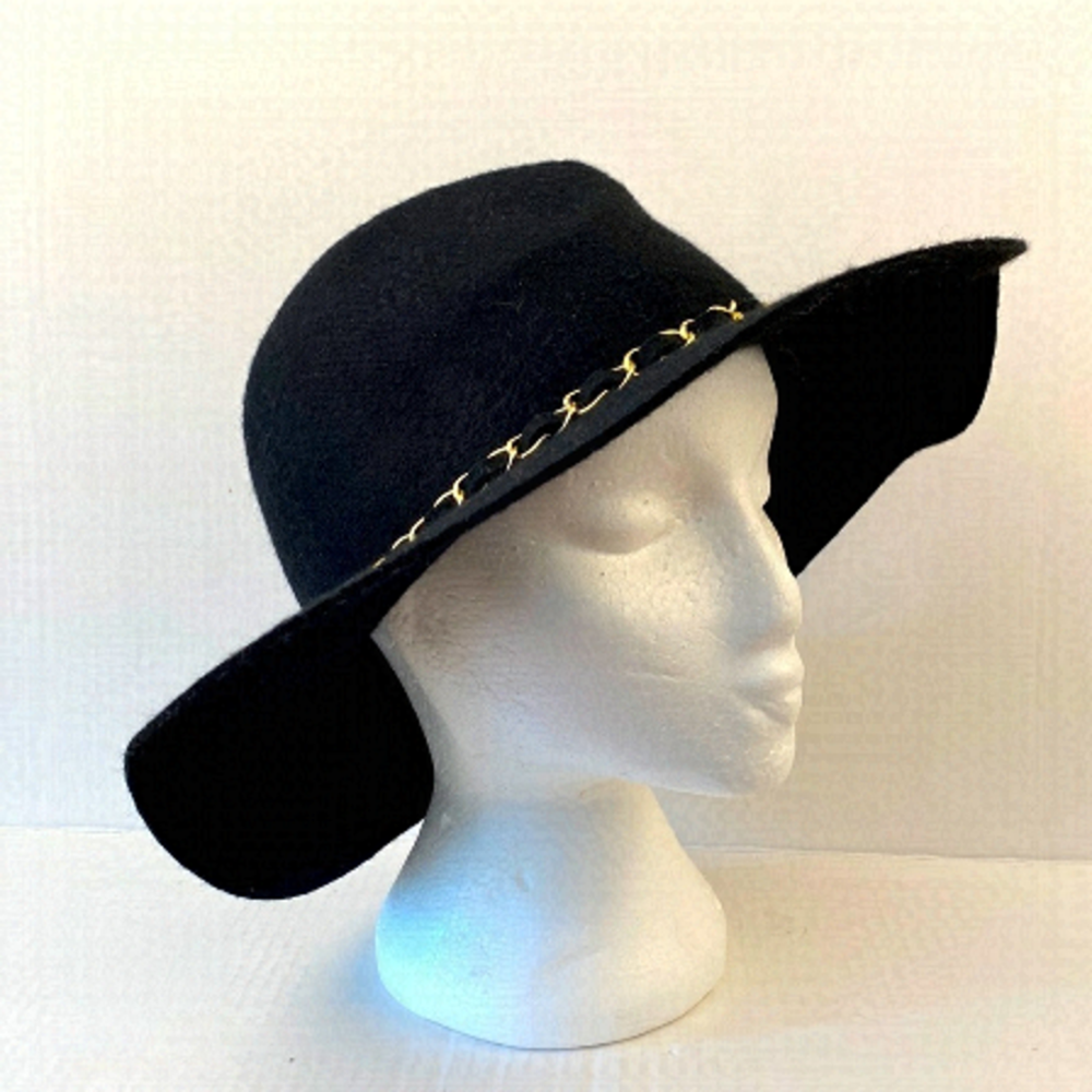 WOOL Felt Panama Fedora Chain Band Hat wide Rim black